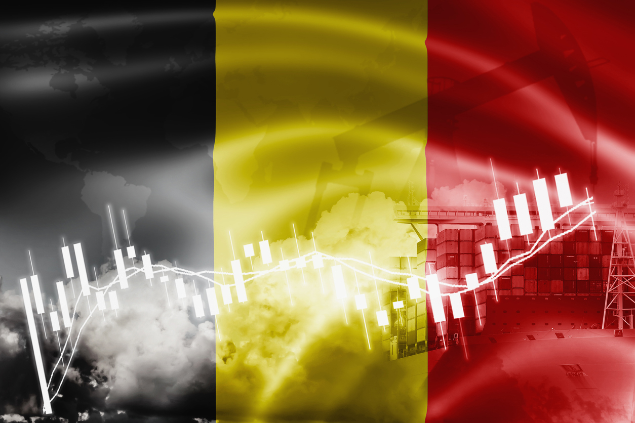 Belgium flag, stock market, exchange economy and Trade, oil production, container ship in export and import business and logistics.