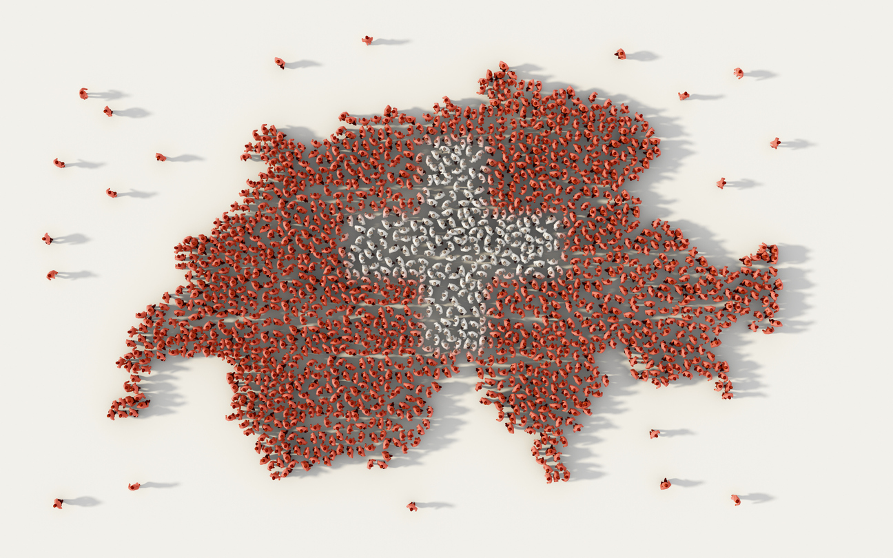 Large group of people forming Switzerland map and national flag in social media and communication concept on white background. 3d sign symbol of crowd illustration from above gathered together