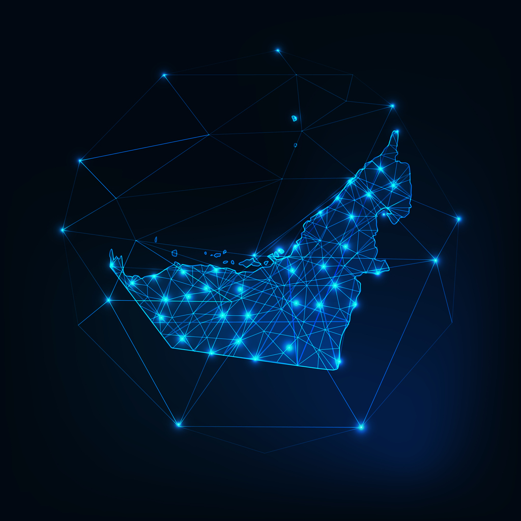 United Arab Emirates map outline with stars and lines abstract framework.